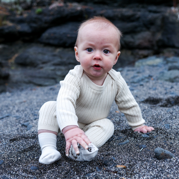 US stockist of Grown's organic cotton ribbed essential bodysuit in Pebble