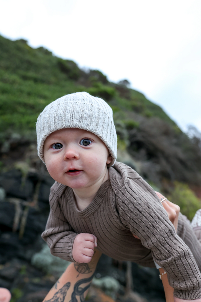 US stockist of Grown's organic cotton ribbed essential bodysuit in Mushroom
