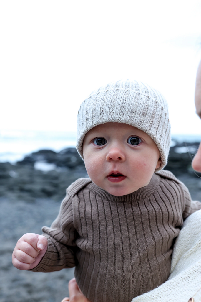 US stockist of Grown's organic cotton ribbed essential bodysuit in Mushroom