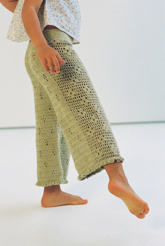 US stockist of Illoura the Label's Filet Crochet Pants in Moss