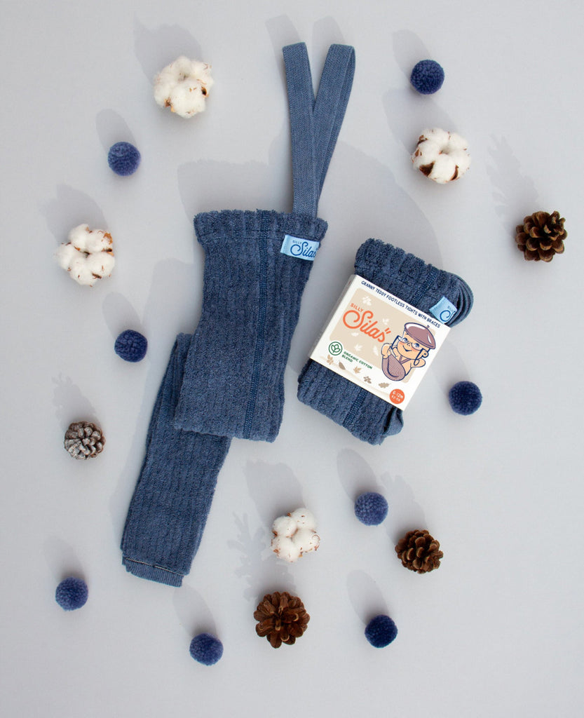 US stockist of Silly Silas' Granny Teddy Footless tights in Steel Blue