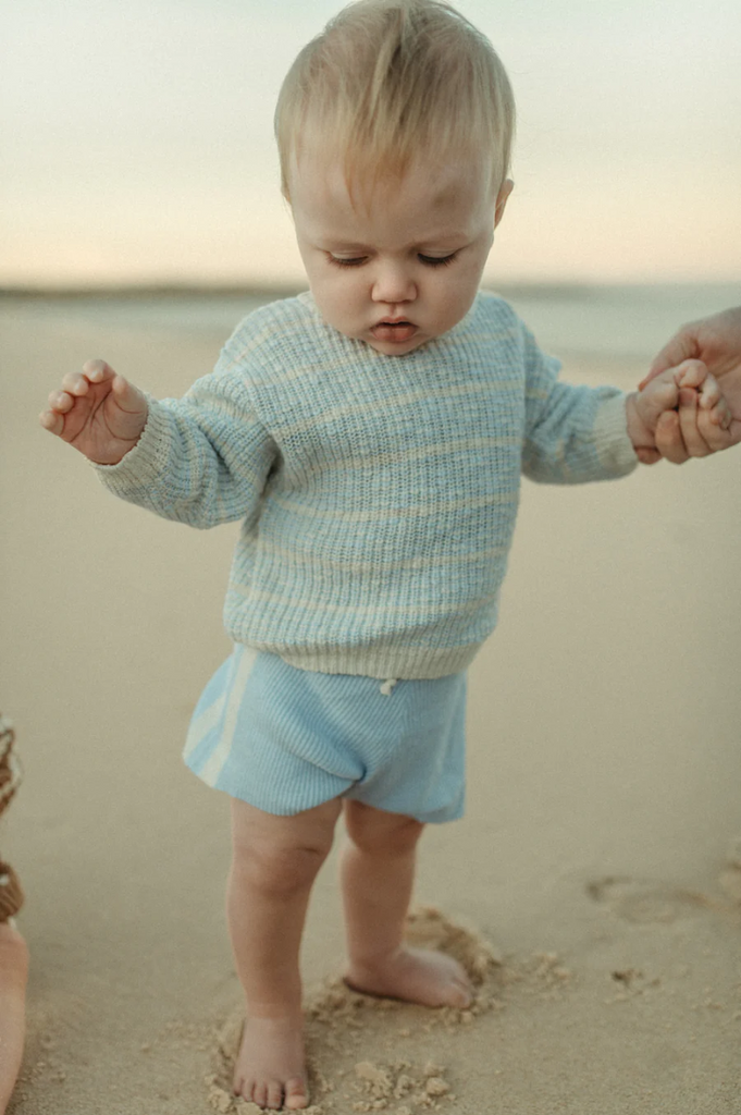 US stockist of Grown Clothing's organic textured rib sweater in Aqua/Milk