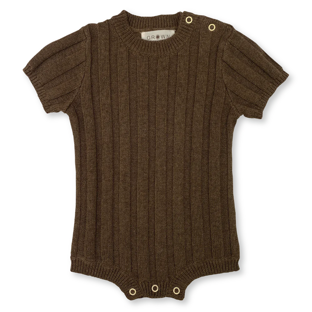 US stockist of Grown Clothing's short sleeve, wide rib tee bodysuit in Mud.