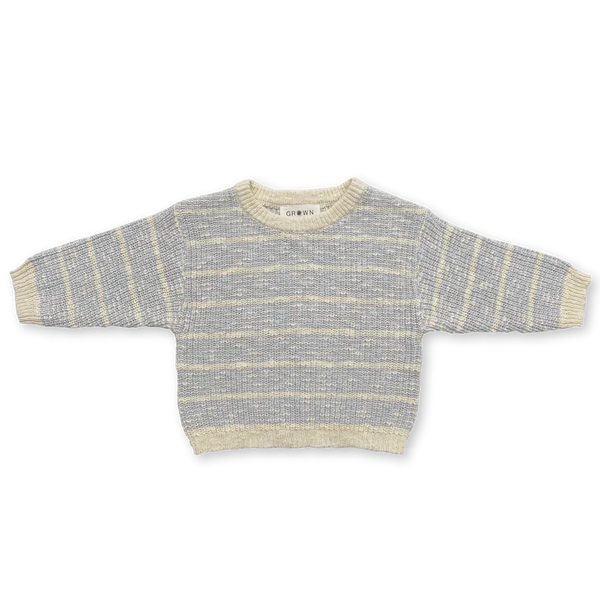 US stockist of Grown Clothing's organic textured rib sweater in Aqua/Milk