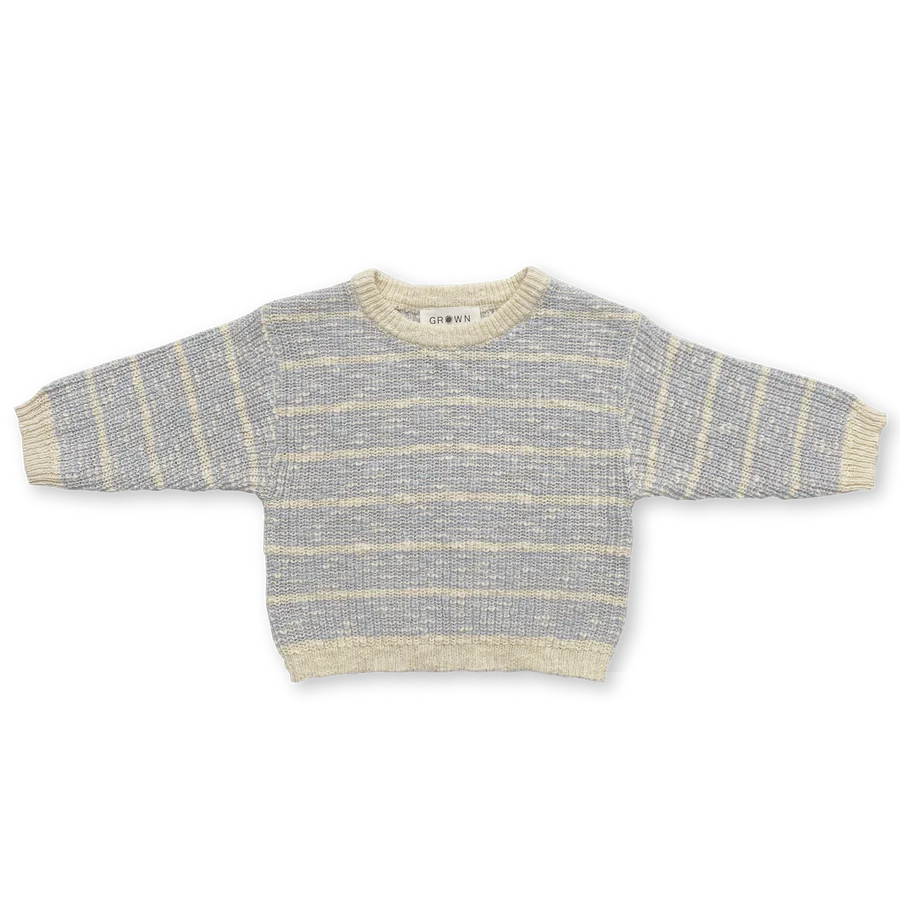 US stockist of Grown Clothing's organic textured rib sweater in Aqua/Milk