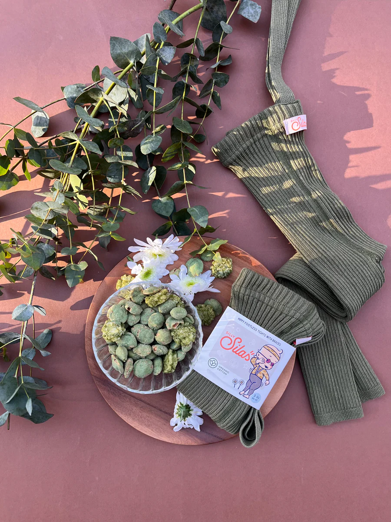 US stockist of Silly Silas' Hippy Footless Cotton Tights in Olive