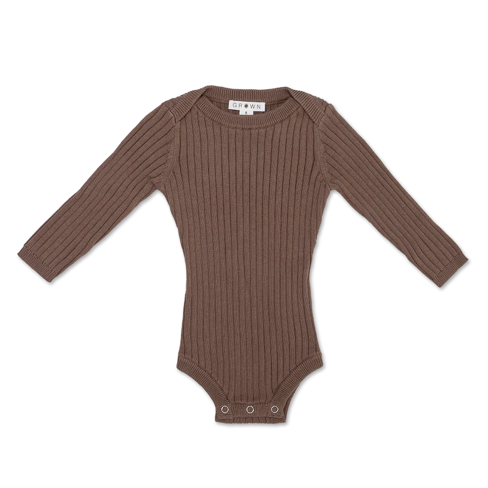 US stockist of Grown's organic cotton ribbed essential bodysuit in Mushroom
