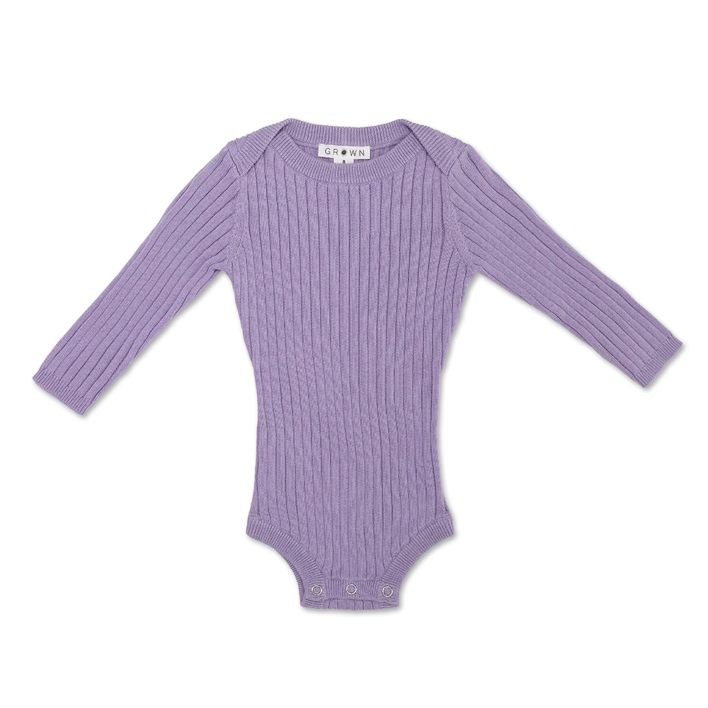 US stockist of Grown's organic cotton ribbed essential bodysuit in Lilac