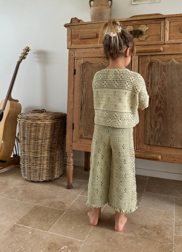 US stockist of Illoura the Label's Filet Crochet Pants in Moss