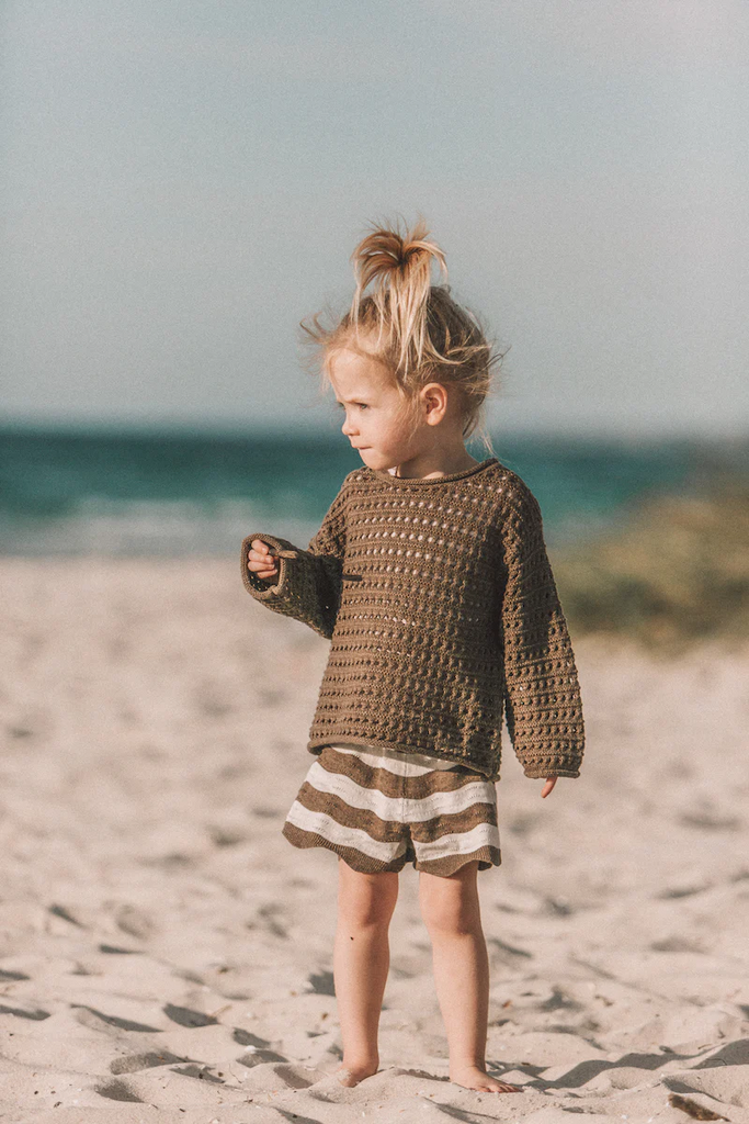 US stockist of Grown Clothing's knit shorts in Mud/Coconut