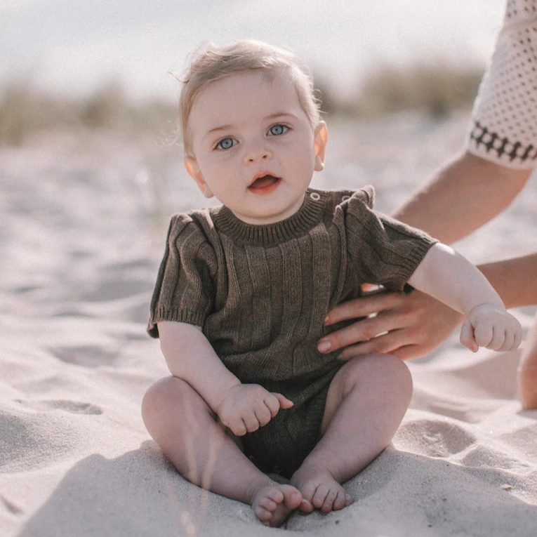 US stockist of Grown Clothing's short sleeve, wide rib tee bodysuit in Mud.