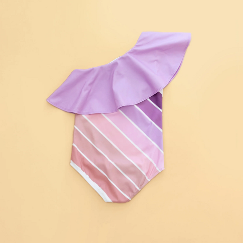 US stockist of Saint Ida's Purple Sands Rainbow One Shoulder Ruffle Swimsuit