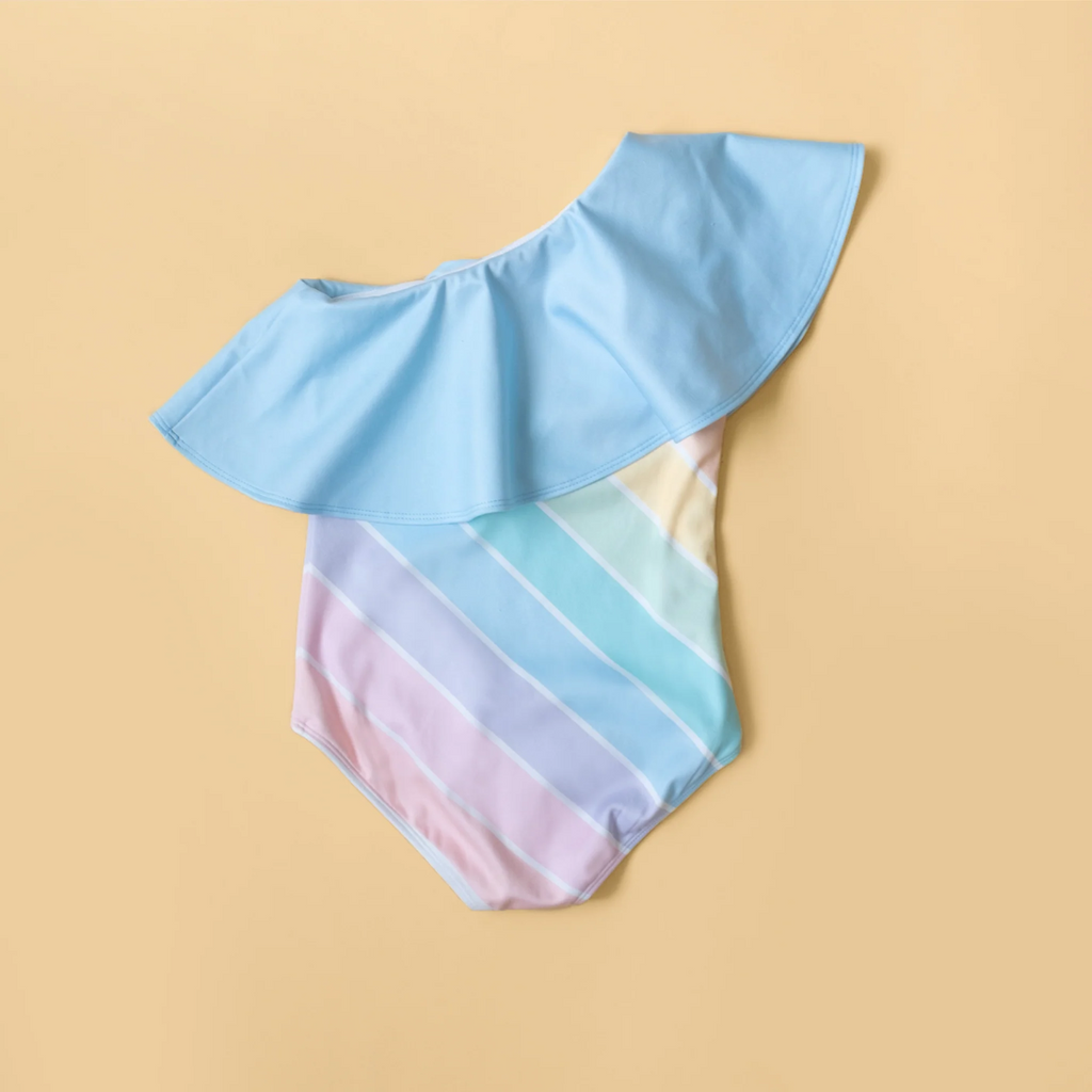 US stockist of Saint Ida's West Coast Rainbow One Shoulder Ruffle Swimsuit