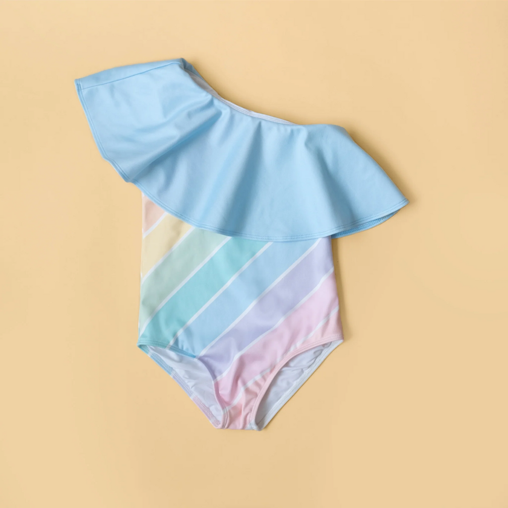 US stockist of Saint Ida's West Coast Rainbow One Shoulder Ruffle Swimsuit