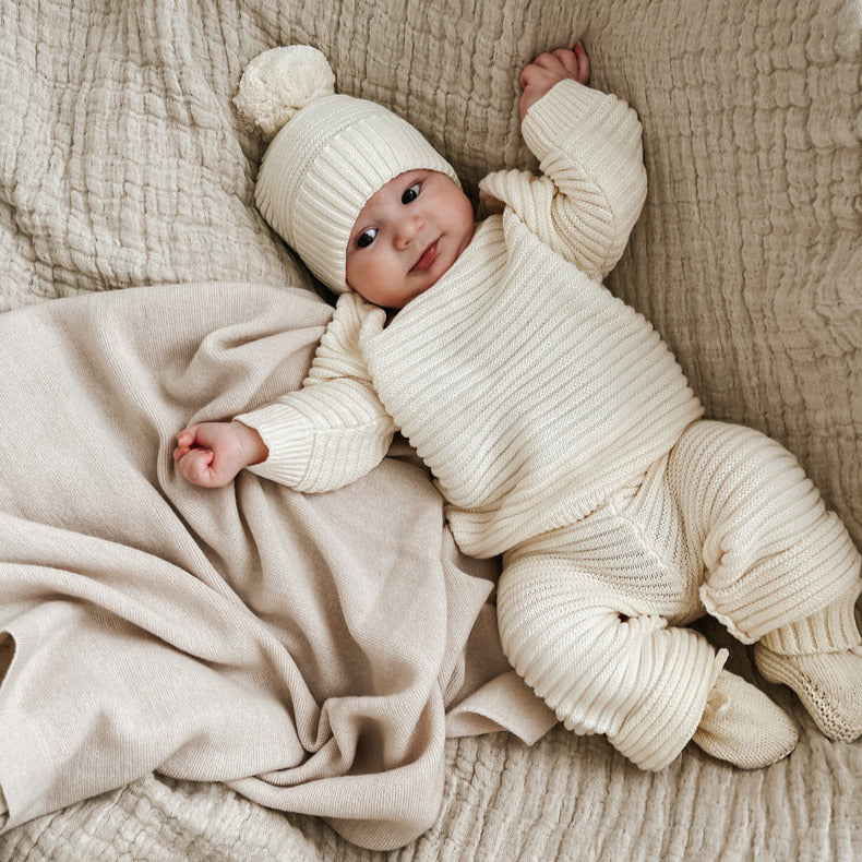 US stockist of Belle & Sun's gender neutral Linear Knit Pants in Natural White