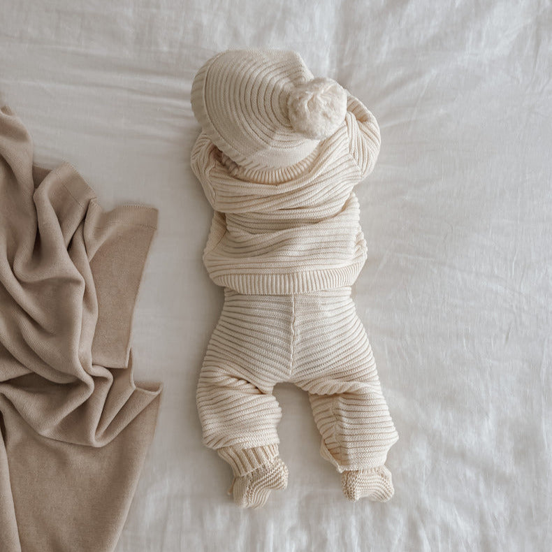 US stockist of Belle & Sun's gender neutral Linear Knit Pants in Natural White