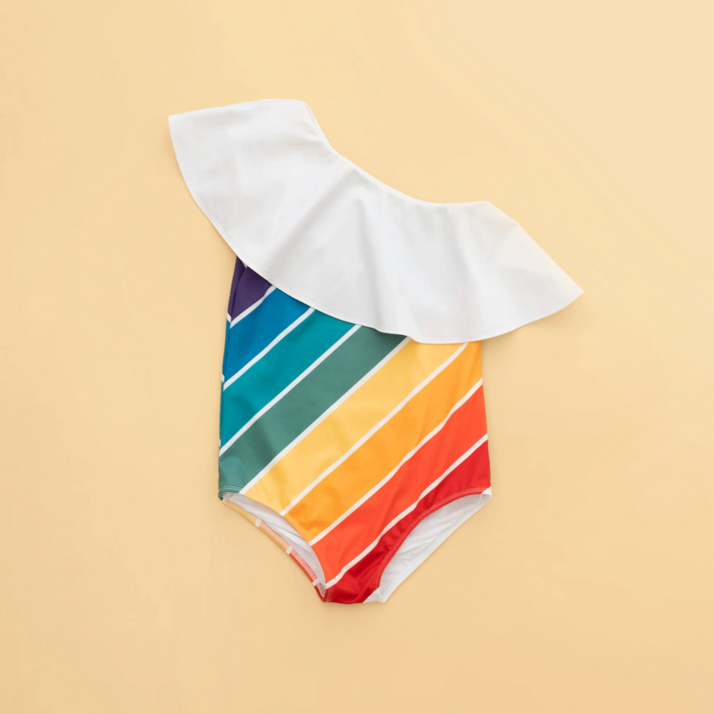 US stockist of Saint Ida's Forever Summer Rainbow One Shoulder Ruffle Swimsuit
