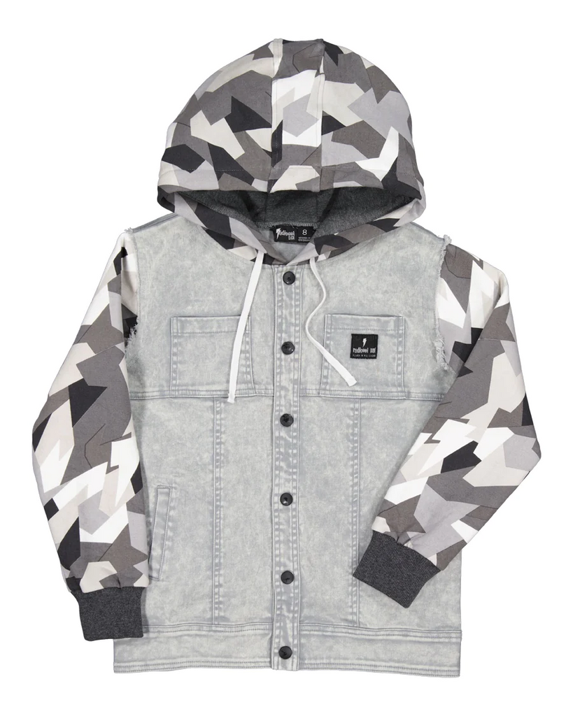 US stockist of Radicool Kids Geo Camo Denim Hooded Jacket