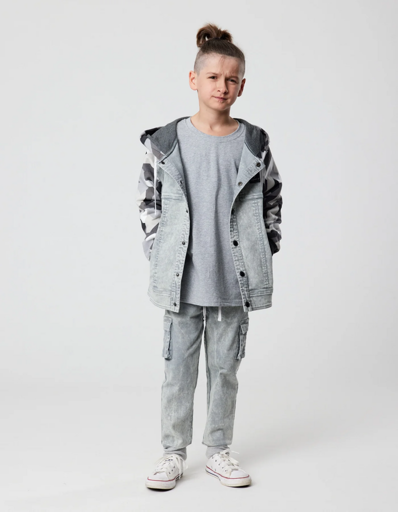 US stockist of Radicool Kids Geo Camo Denim Hooded Jacket