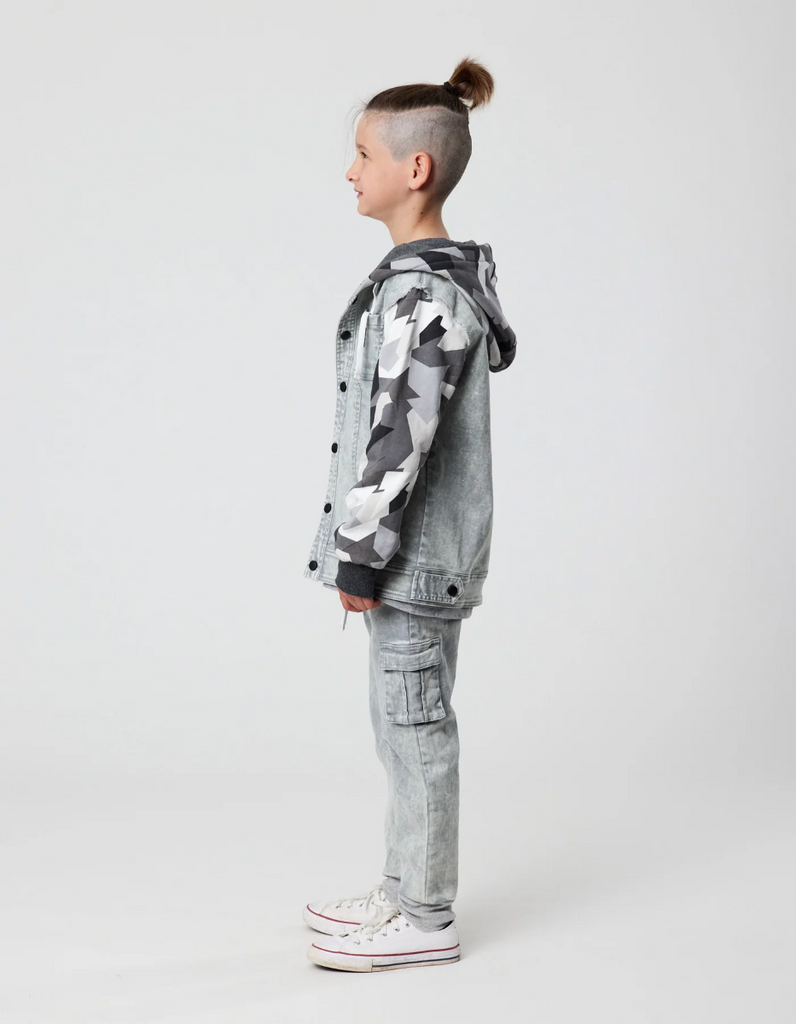 US stockist of Radicool Kids Geo Camo Denim Hooded Jacket