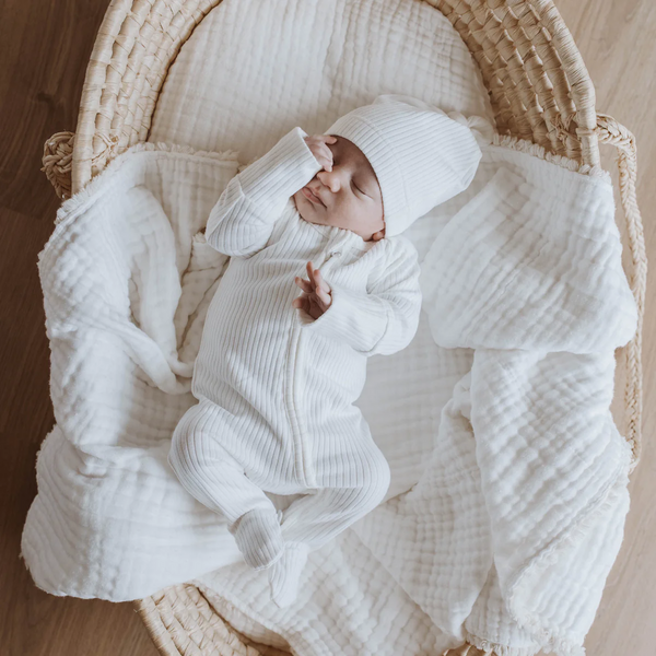 US stockist of Buck & Baa's organic cotton rib zip romper in gender neutral Milk.  
