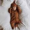 US stockist of Buck & Baa's gender neutral, organic cotton ribbed knotted hat in Cinnamon.
