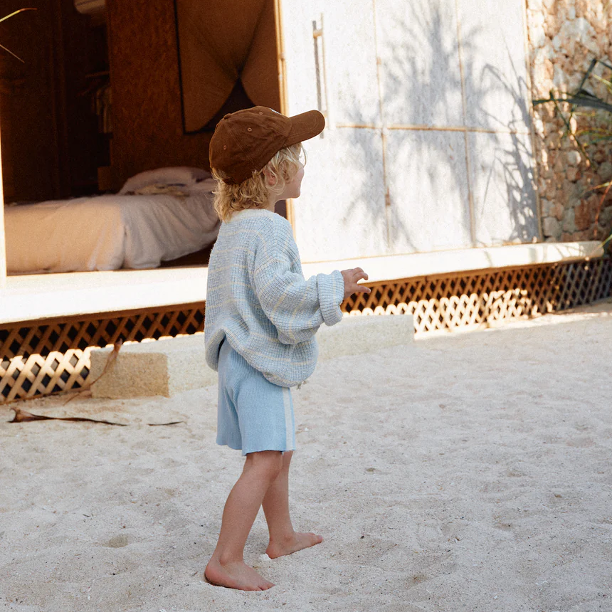 US stockist of Grown Clothing's organic textured rib sweater in Aqua/Milk