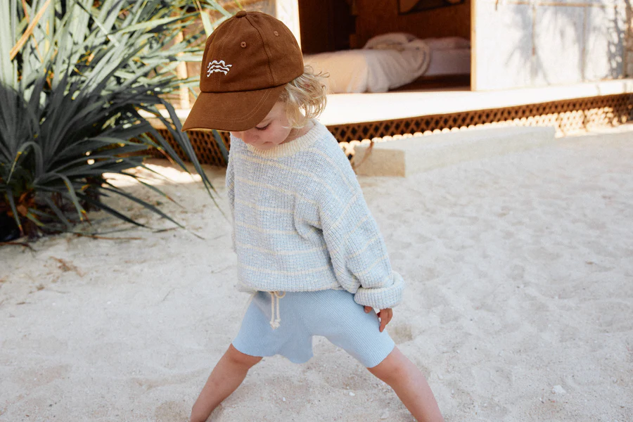 US stockist of Grown Clothing's organic textured rib sweater in Aqua/Milk