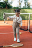 US stockist of Silly Silas' Retro Champs footless cotton tights in Oyster Grey with striped braces.