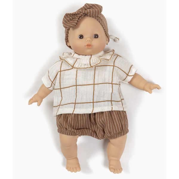 US stockist of Minikane's Babies 2pc Coline set in Aldo Check/Hazelnut Stripes.