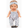 US stockist of Minikane's Bonnie Jumpsuit with matching headband in Thelma grey polka dot print.