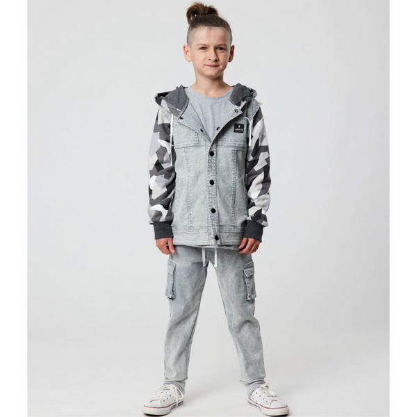 US stockist of Radicool Kids Geo Camo Denim Hooded Jacket