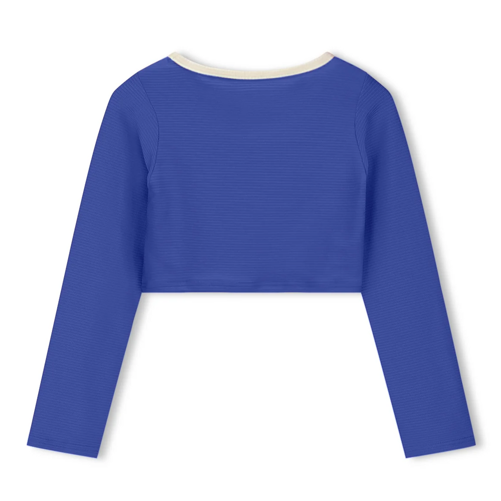 US stockist of Zulu & Zephyr's Mini Rib long sleeve Crop Rashie Top in Deep Blue
