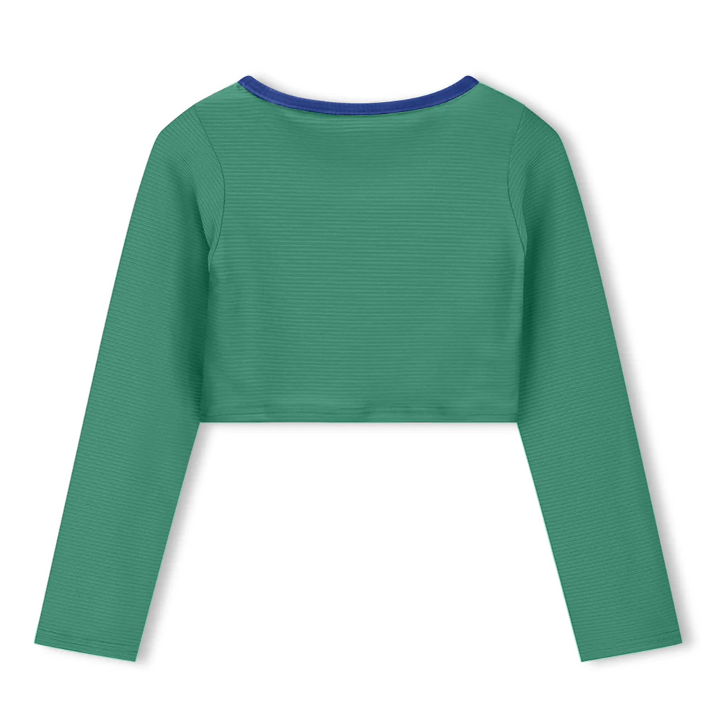 US stockist of Zulu & Zephyr's Mini Rib long sleeve Crop Rashie Top in Emerald