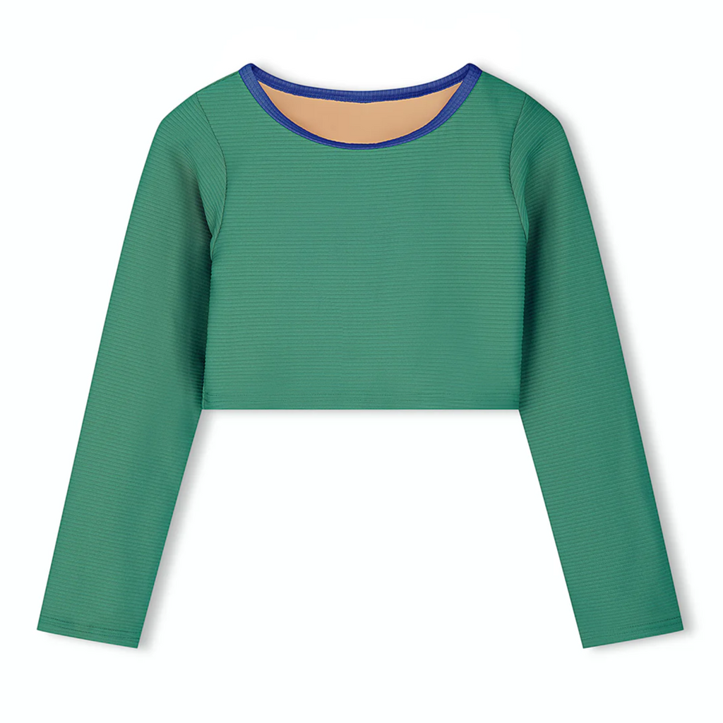 US stockist of Zulu & Zephyr's Mini Rib long sleeve Crop Rashie Top in Emerald