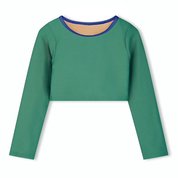 US stockist of Zulu & Zephyr's Mini Rib long sleeve Crop Rashie Top in Emerald
