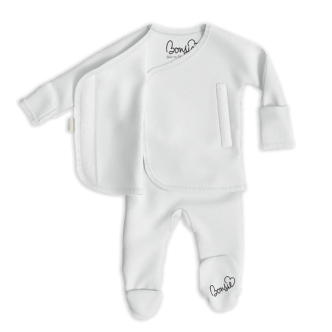 Stockist of Bonsie's rayon blend milk footie.  Top section has velcro wrap body which can be undone for skin to skin contact.  Elastic waist that can be pulled down for easy diaper changes. 
