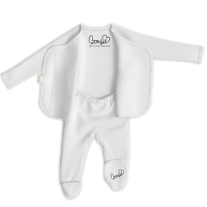 Stockist of Bonsie's rayon blend milk footie.  Top section has velcro wrap body which can be undone for skin to skin contact.  Elastic waist that can be pulled down for easy diaper changes. 