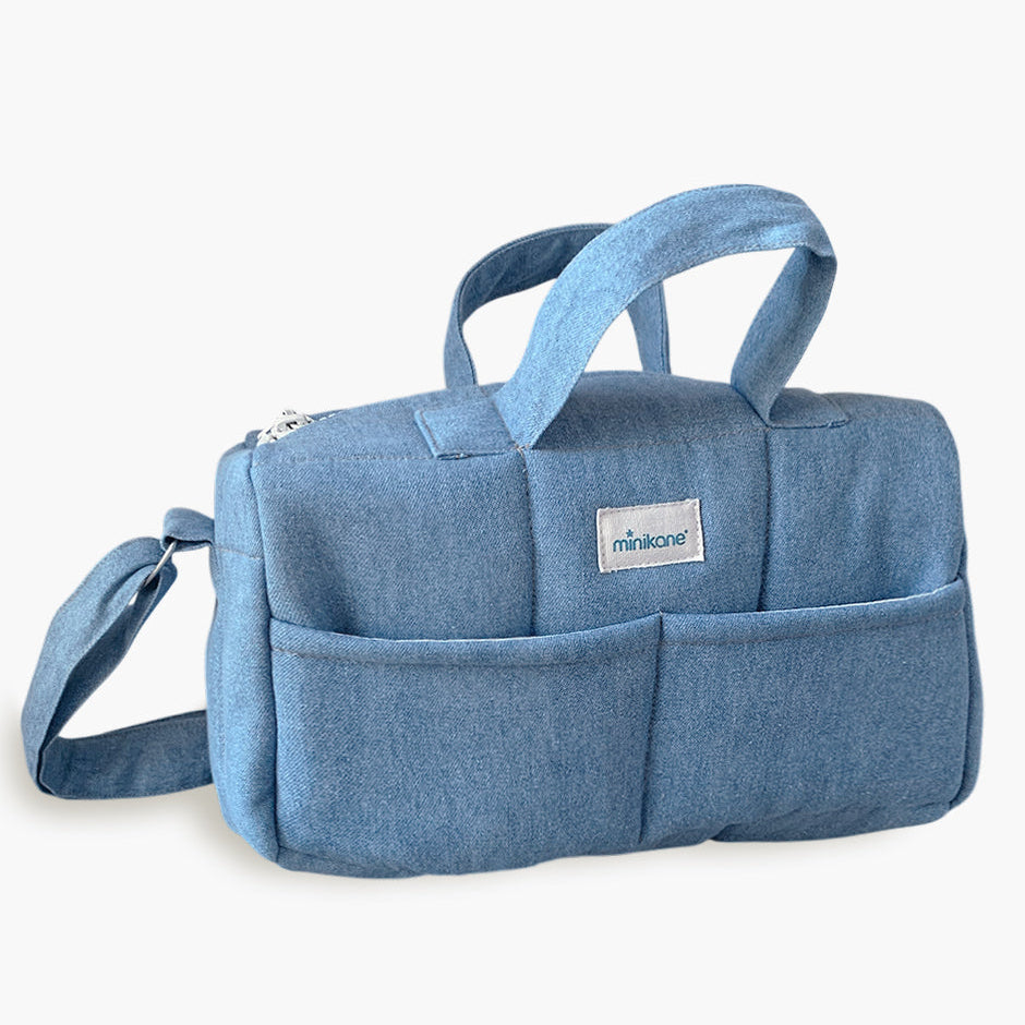 US stockist of Minikane's Doll denim cotton padded diaper bag