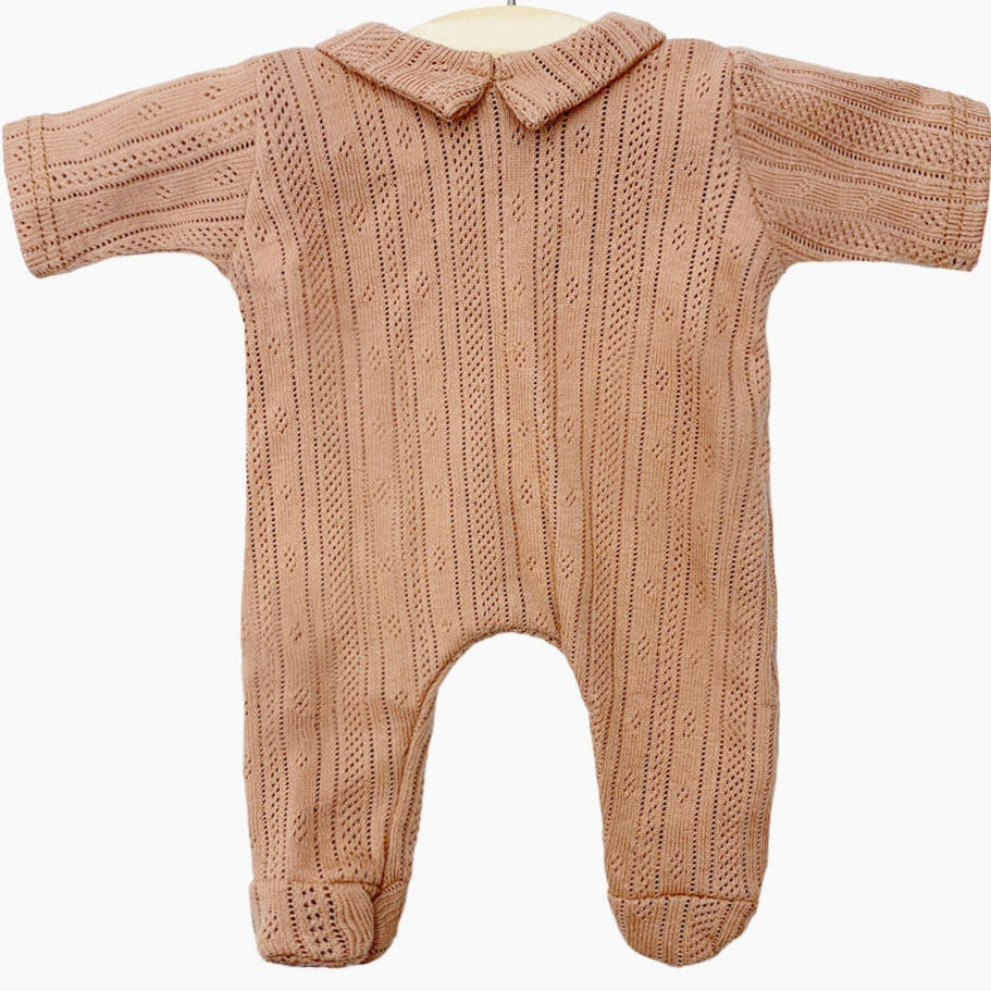 US stockist of Minikane's Babies Corentin Sleepsuit in Brown Sugar Pointelle
