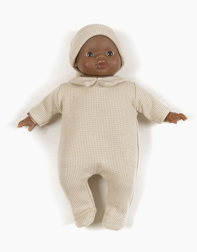 US stockist of Minikane's Babies' Honeycomb Linen Corentin Sleepsuit with matching hat.