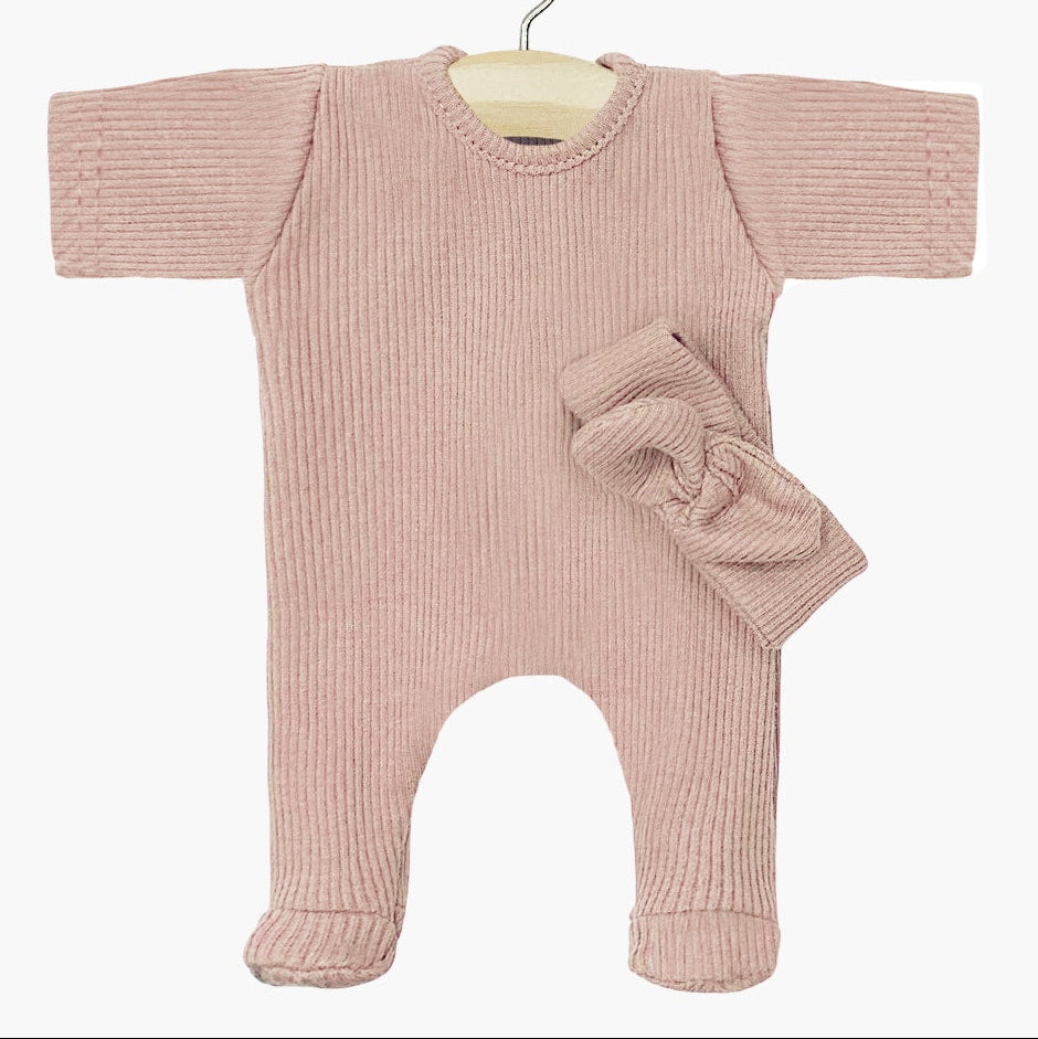 US stockist of Minikane's Babies Angel ribbed sleepsuit in Petal with matching headband