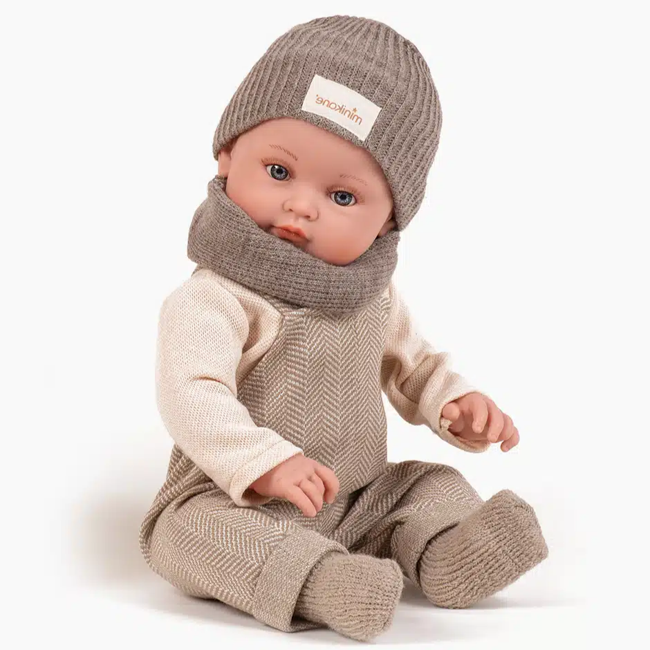US stockist of Minikane's Yann Bambini Boy Doll - Beige Chevron Overalls