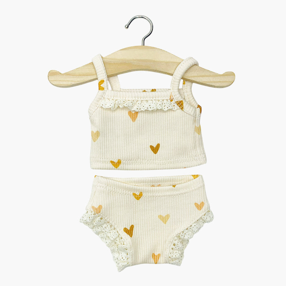 US stockist of Minikane's 2pc doll underwear set in Brown Sugar Hearts and lace