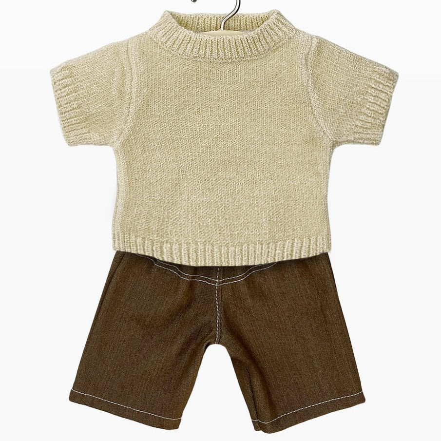 US stockist of Minikane's Cream Paul Sweater with Brown Denim Flare Pants