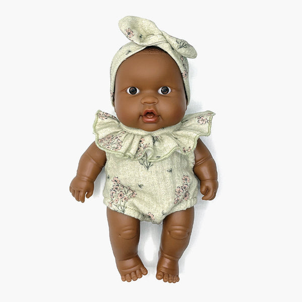 US stockist of Minikane's Hebe Peques Doll dressed in a 2pc Eva Cotton Gauze set