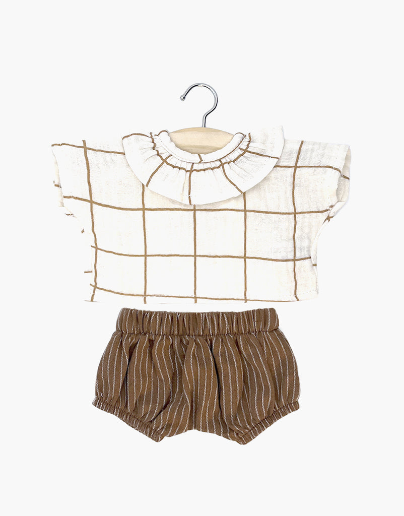 US stockist of Minikane's Babies 2pc Coline set in Aldo Check/Hazelnut Stripes.