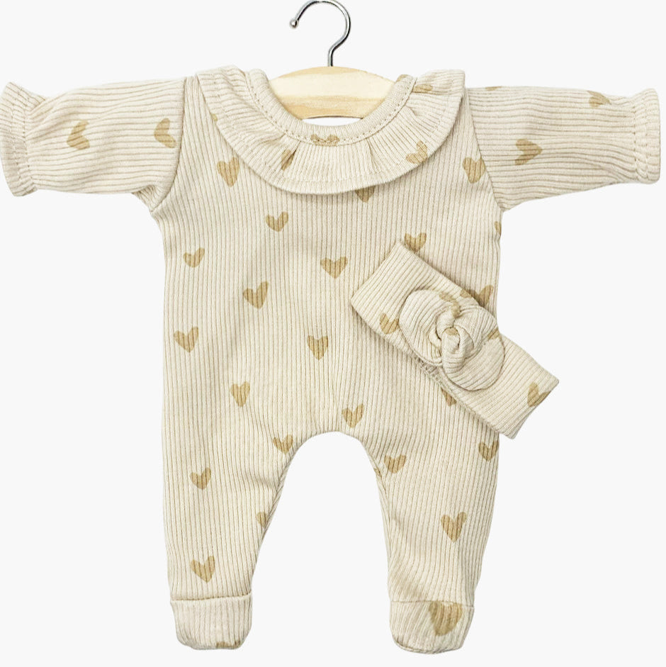 US stockist of Minikane's Babies Camille Beige Sleepsuit and headband with a heart print