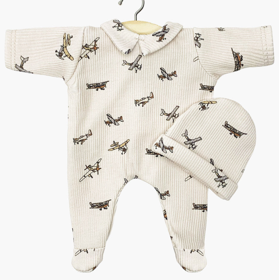 US stockist of Minikane's Babies Corentine beige sleep suit with hat in a Airplane print