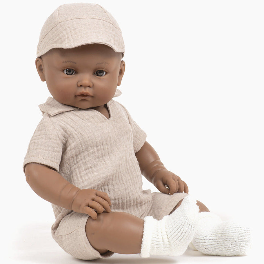 US stockist of Minikane's Augustin Bambini boy doll in Beige Tom Jumpsuit Set